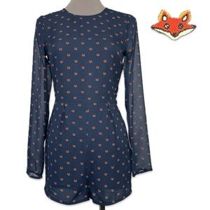 Red Fox Print Romper in Navy Blue Chiffon w/ Long Sleeves Size XS 2
